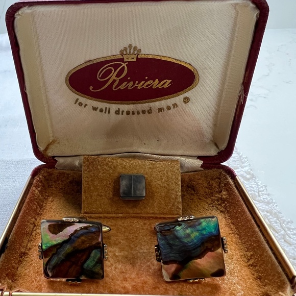 Vintage Set of Abalone Cufflinks & Tie Tack - Picture 1 of 6